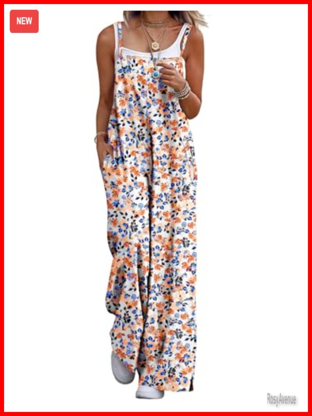 Women's Cotton Boho Floral Wide Leg Jumpsuit Romper Overalls with Pockets